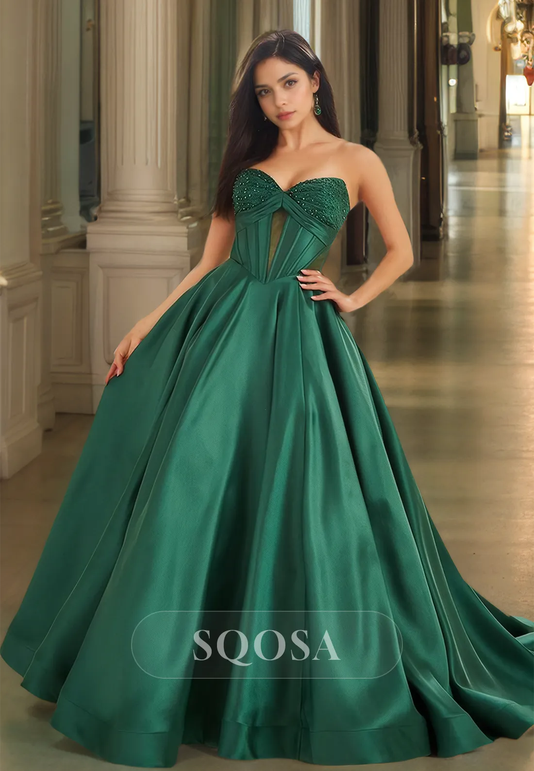 Beaded Sweetheart Off-Shoulder Cutout Formal Gowns Sleeveless Pleated Floor-Length A-Line Prom Dress