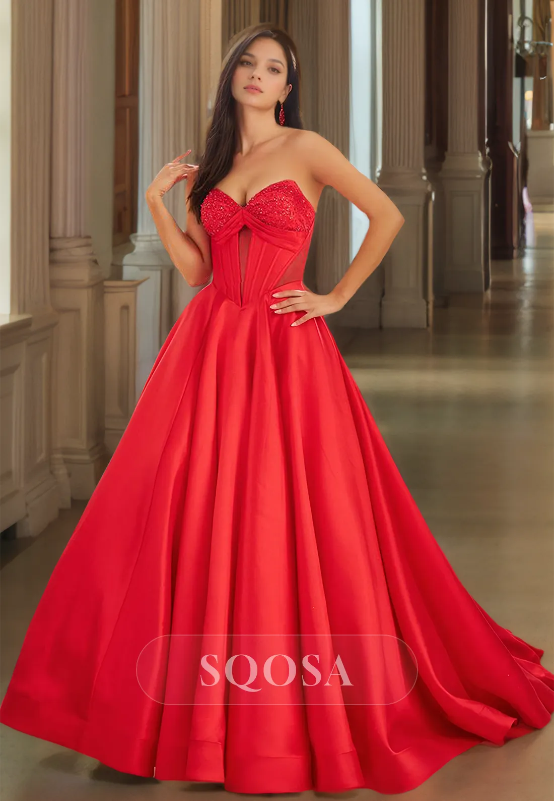 Beaded Sweetheart Off-Shoulder Cutout Formal Gowns Sleeveless Pleated Floor-Length A-Line Prom Dress