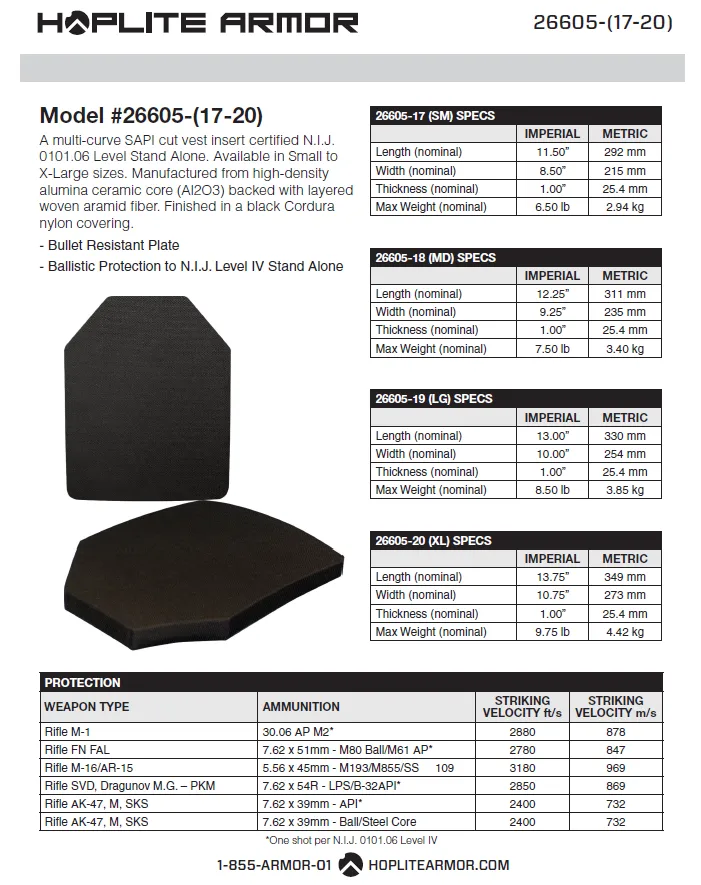 Hoplite Armor NIJ Certified Level IV SAPI Armor Plates (26605)