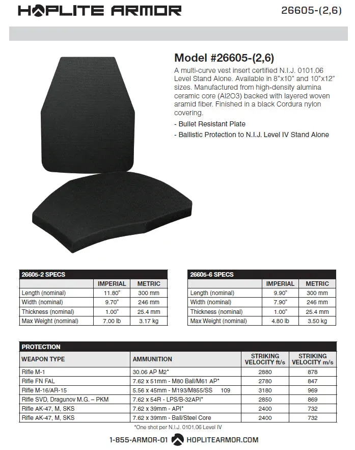 Hoplite Armor NIJ Certified Level IV Swimmer Armor Plates (26605)