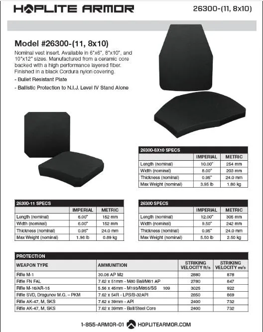 Hoplite Armor NIJ Certified Lightweight Level IV, Triple Curve, Stand Alone Two Swimmer Plates