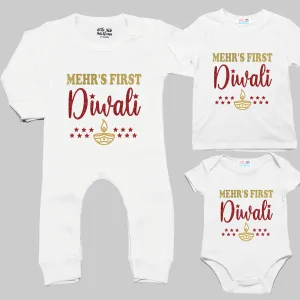 Personalized First Diwali (Gold and Red Glitter) White Onesie/Full Romper/
