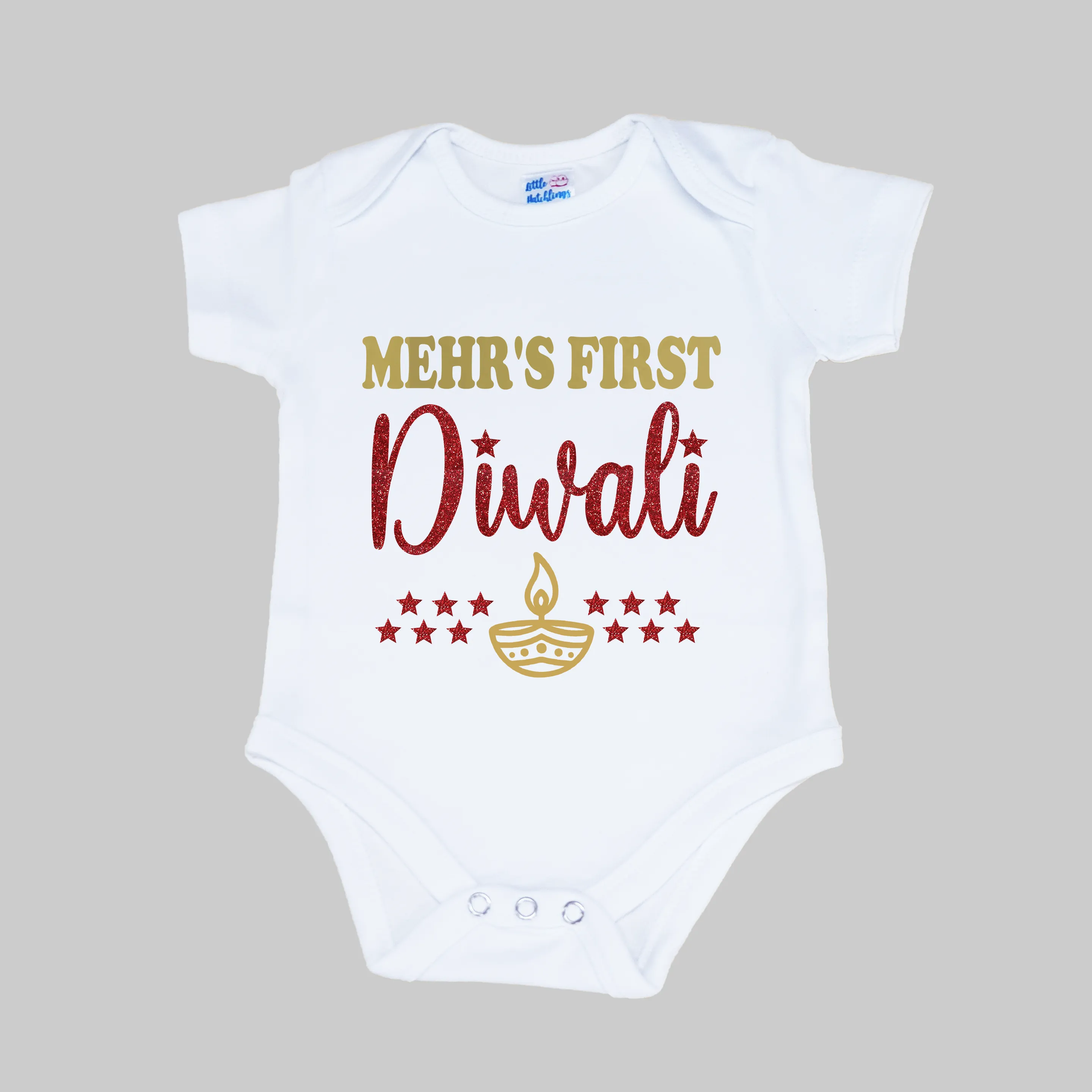 Personalized First Diwali (Gold and Red Glitter) White Onesie/Full Romper/