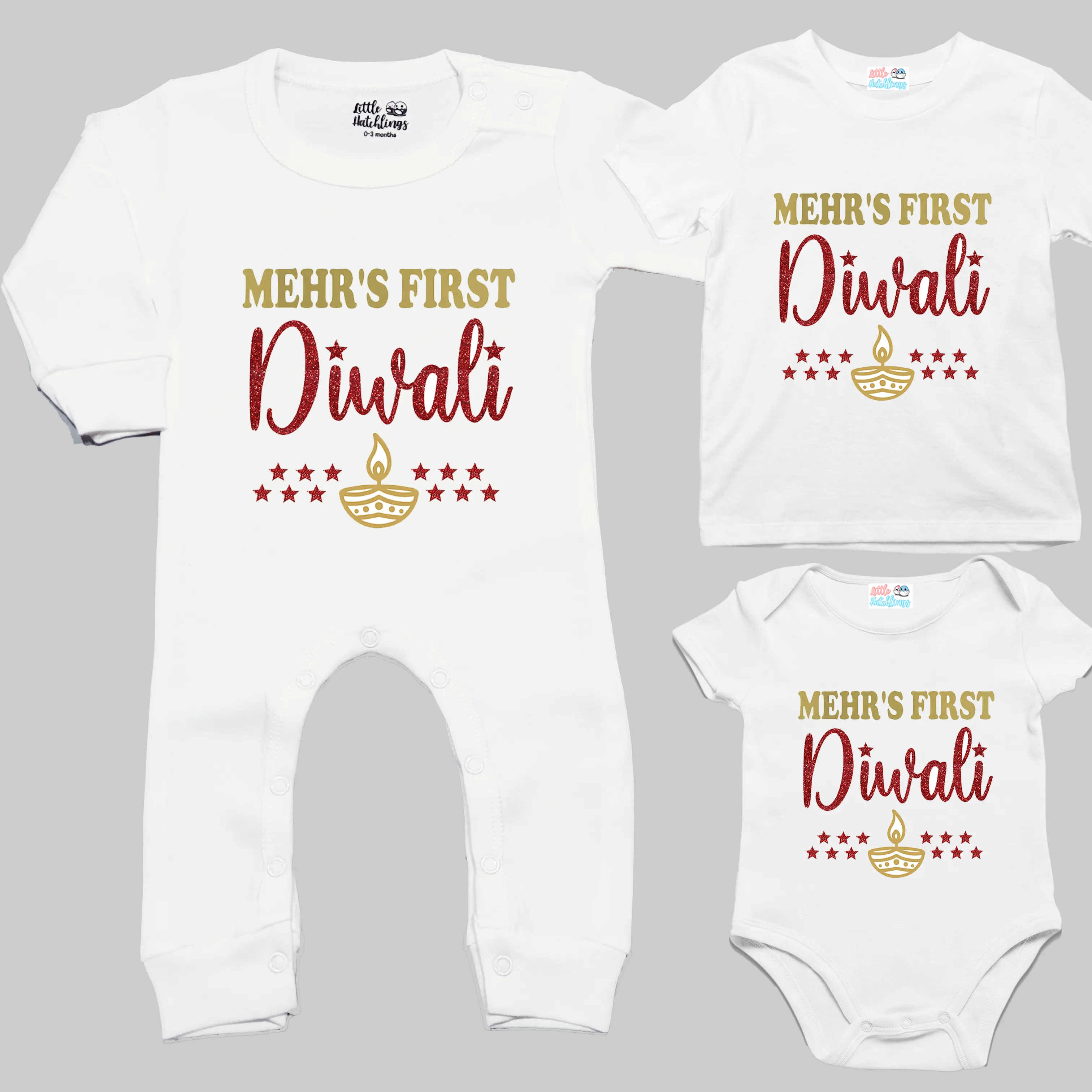 Personalized First Diwali (Gold and Red Glitter) White Onesie/Full Romper/