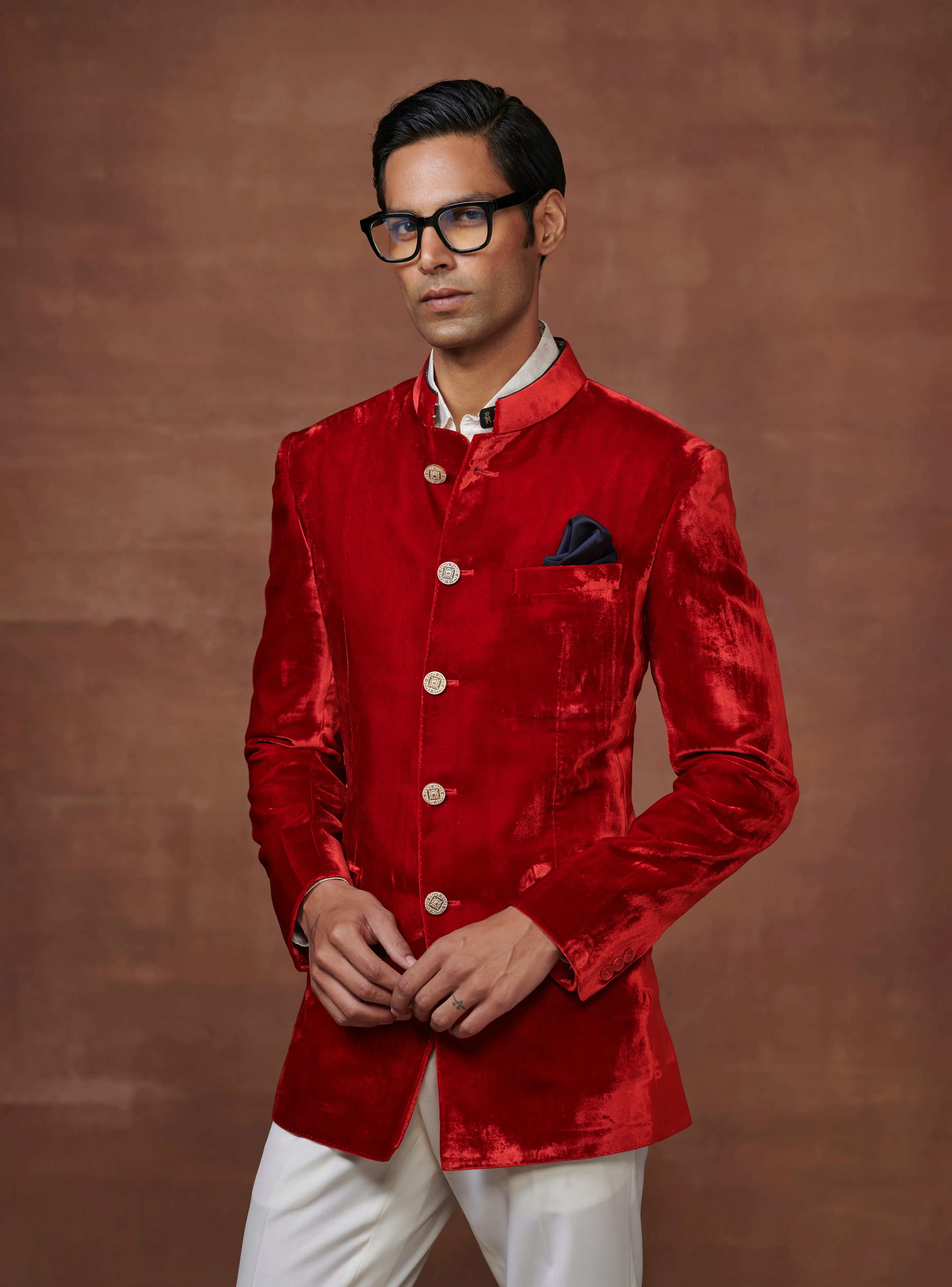 THE REGAL RED VELVET BANDHGALA JACKET