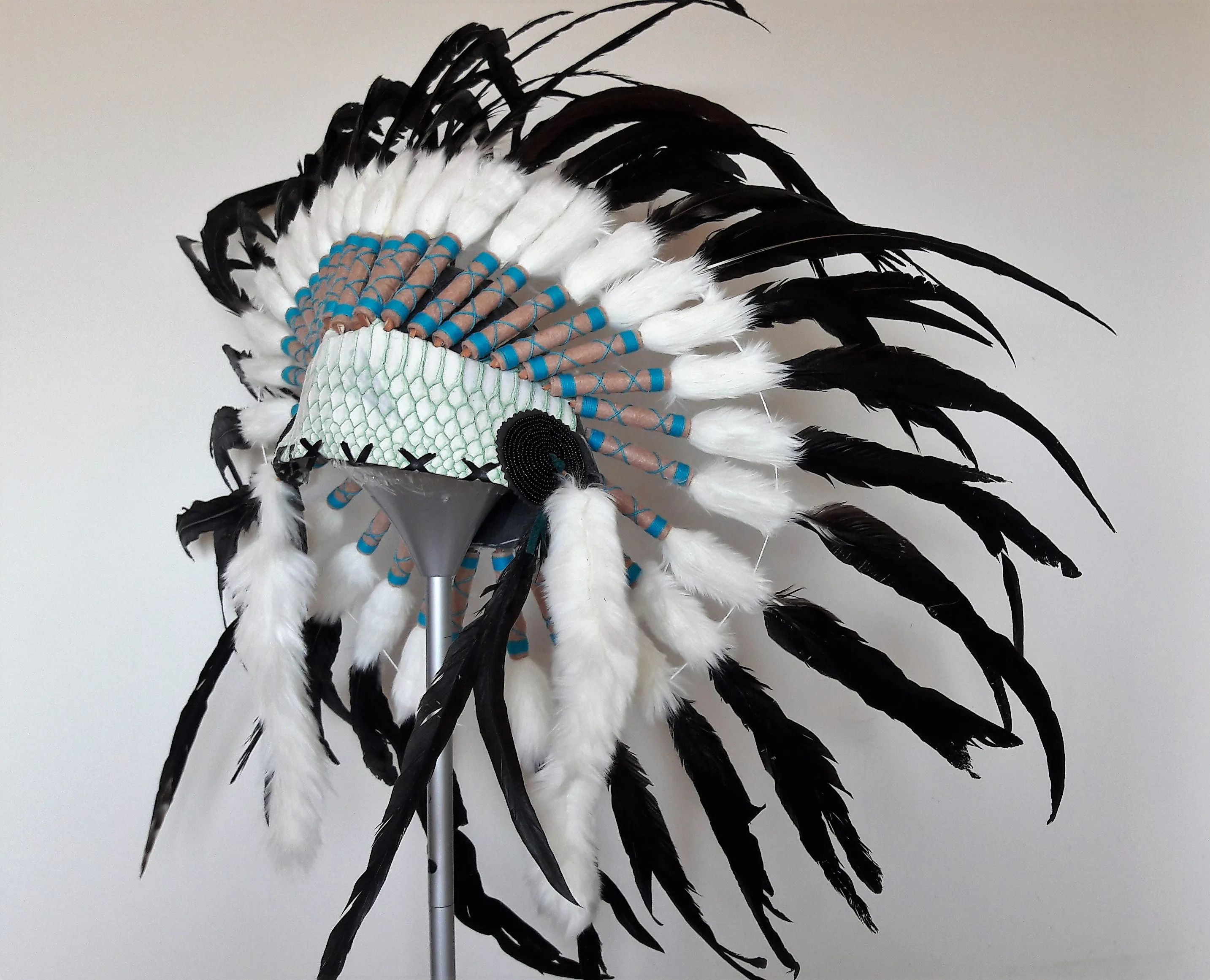 X15 Feather Headdress White and green headband with Natural colour feathers